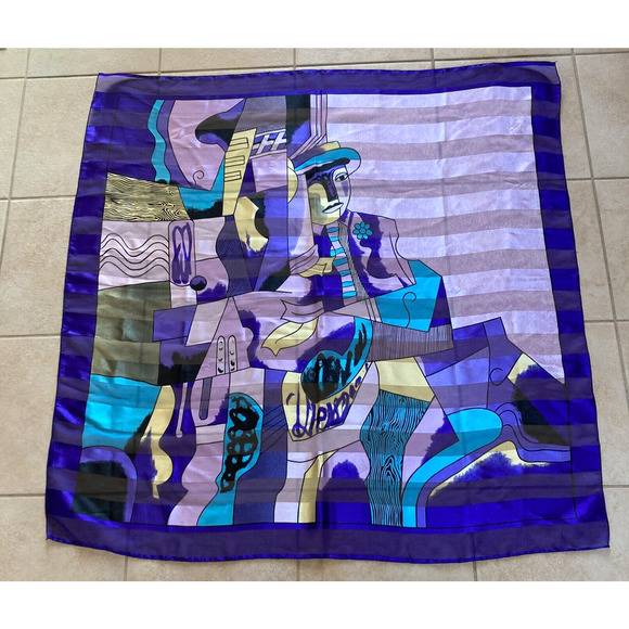 Vintage Cubism Cubist Purple Art Scarf Picasso? Face Print Abstract 40" Square - Picture 2 of 9